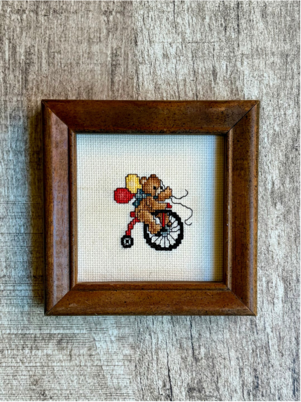 Vintage Mini Cross Stitch Framed Teddy Bear Unicycle Balloons Wood Frame
